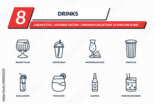 drinks icons set - brandy glass, coffee bean, watermelon juice, paper cup, mind eraser drink outline vector collection.