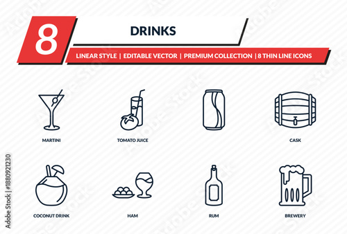 drinks icons set - martini, tomato juice, , cask, brewery outline vector collection.