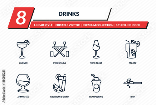 drinks icons set - daiquiri, picnic table, wine toast, mojito, drip outline vector collection.