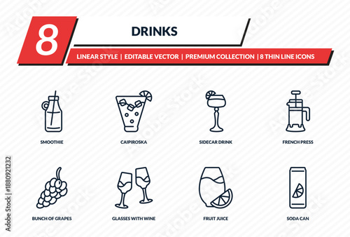drinks icons set - smoothie, caipiroska, sidecar drink, french press, soda can outline vector collection.