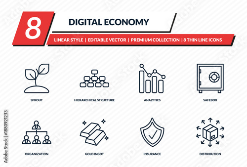 digital economy icons set - sprout, hierarchical structure, analytics, safebox, distribution outline vector collection.