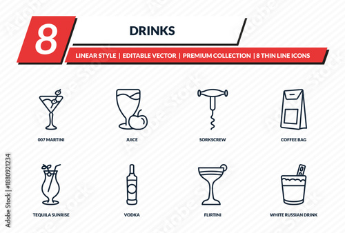 drinks icons set - 007 martini, juice, sorkscrew, coffee bag, white russian drink outline vector collection.