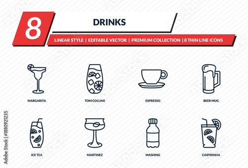 drinks icons set - margarita, tom collins, espresso, beer mug, caipirinha outline vector collection.