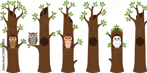 Owl Characters Sitting in Tree Trunks Icon Set with Forest Nature Elements for Wildlife, Woodland Illustration, Children Education, and Cartoon Desig