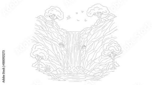Detailed black and white line art illustration depicting a majestic waterfall cascading between steep rocky cliffs surrounded by lush trees and flying birds perfect for coloring activities.
