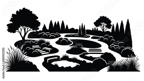 A serene landscape with trees a winding path and a pond silhouette