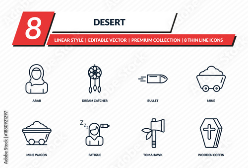 desert icons set - arab, dream catcher, bullet, mine, wooden coffin outline vector collection.