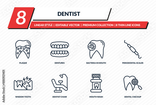 dentist icons set - plaque, dentures, bacteria in mouth, periodontal scaler, dental checkup outline vector collection.