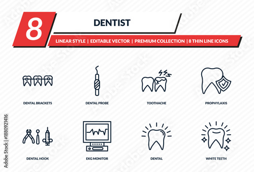dentist icons set - dental brackets, dental probe, toothache, prophylaxis, white teeth outline vector collection.
