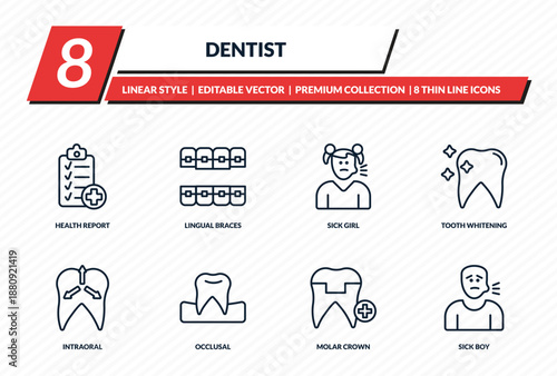 dentist icons set - health report, lingual braces, sick girl, tooth whitening, sick boy outline vector collection.