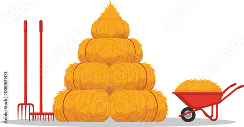 Hay Bale Farming Illustration with Stacked Straw, Pitchfork, Rake, and Wheelbarrow for Agriculture, Harvest, Barn, and Rural Farm Design