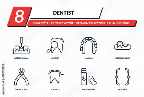 dentist icons set - interproximal, dentist, maxilla, partial denture, brackets outline vector collection.
