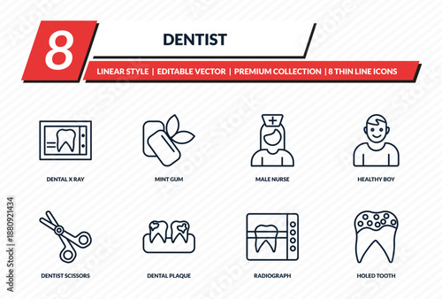 dentist icons set - dental x ray, mint gum, male nurse, healthy boy, holed tooth outline vector collection.
