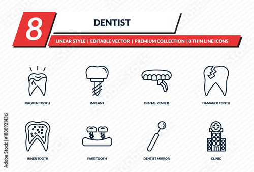dentist icons set - broken tooth, implant, dental veneer, damaged tooth, clinic outline vector collection.