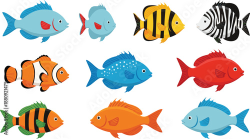 Colorful Tropical Fish Icon Set with Cartoon Sea Creatures for Aquarium, Marine Life, Ocean Education, Children Illustrations, and Aquatic Design