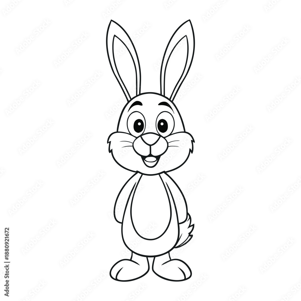 Fototapeta premium Cute Easter bunny coloring page featuring a smiling bunny with floppy ears, holding a decorated egg amid spring flowers, soft lines and playful details perfect for kids. 
