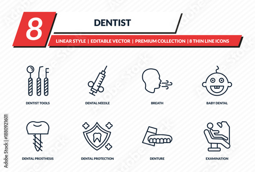 dentist icons set - dentist tools, dental needle, breath, baby dental, examination outline vector collection.