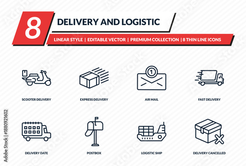 delivery and logistic icons set - scooter delivery, express delivery, air mail, fast cancelled outline vector collection.