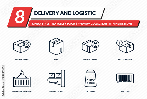 delivery and logistic icons set - delivery time, box, delivery safety, info, bar code outline vector collection.
