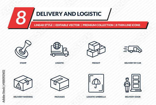 delivery and logistic icons set - stamp, logistic, freight, delivery by car, delivery door outline vector collection.