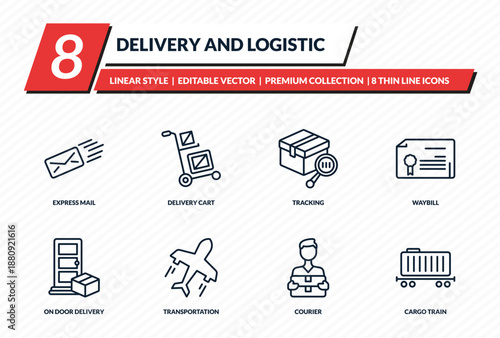delivery and logistic icons set - express mail, delivery cart, tracking, waybill, cargo train outline vector collection.