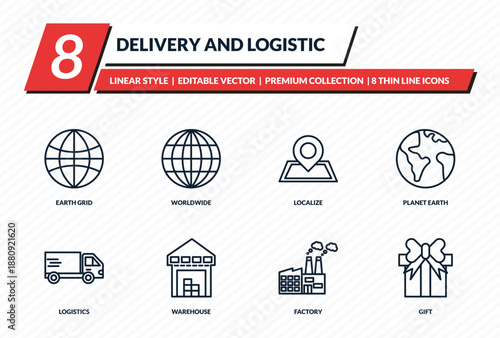 delivery and logistic icons set - earth grid, worldwide, localize, planet earth, gift outline vector collection.