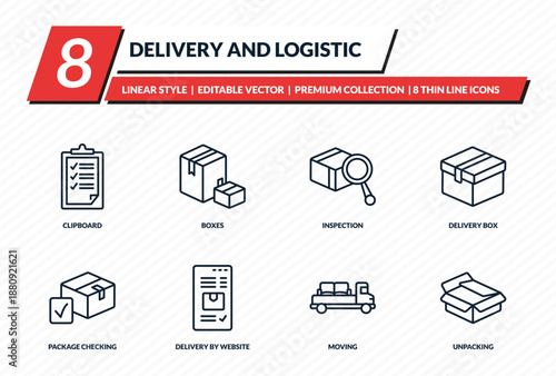 delivery and logistic icons set - clipboard, boxes, inspection, delivery box, unpacking outline vector collection.