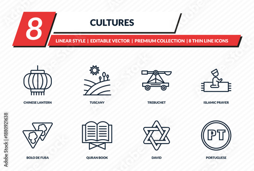 cultures icons set - chinese lantern, tuscany, trebuchet, islamic prayer, portuguese outline vector collection.