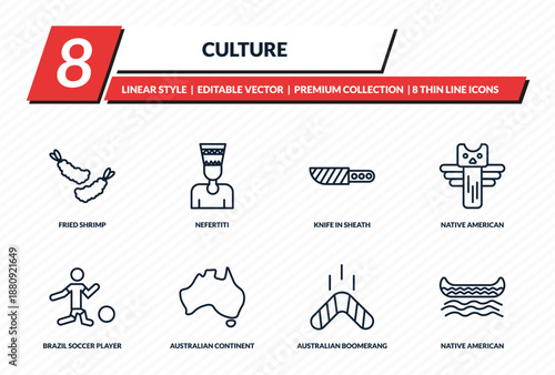 culture icons set - fried shrimp, nefertiti, knife in sheath, native american totem, native american canoe outline vector collection.