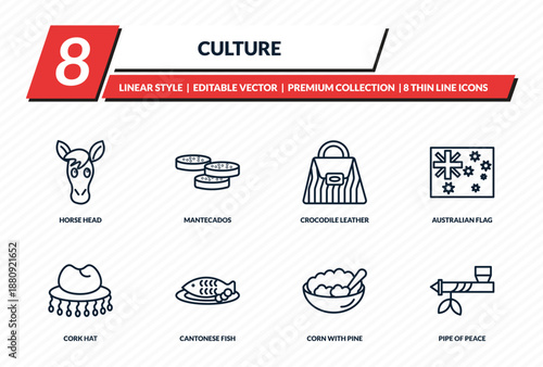 culture icons set - horse head, mantecados, crocodile leather bag, australian flag, pipe of peace outline vector collection.