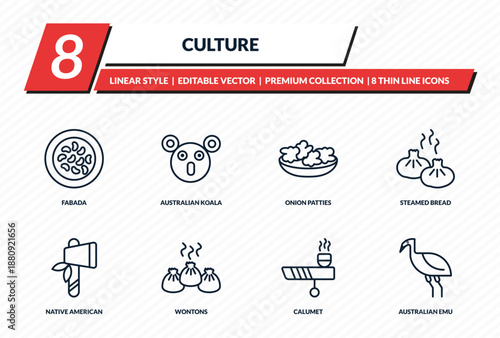 culture icons set - fabada, australian koala, onion patties, steamed bread, australian emu outline vector collection.