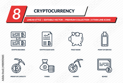 cryptocurrency icons set - crypto records, crypto hash rate, piggy bank, point of service, bonds outline vector collection.