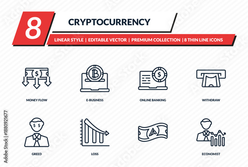 cryptocurrency icons set - money flow, e-business, online banking, withdraw, economist outline vector collection.