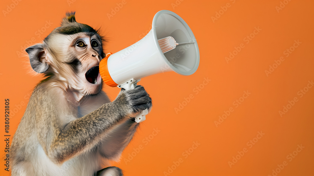 Fototapeta premium A monkey excitedly speaks into a large megaphone