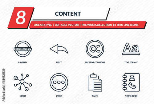 content icons set - priority, reply, creative commons, text format, phone book outline vector collection.
