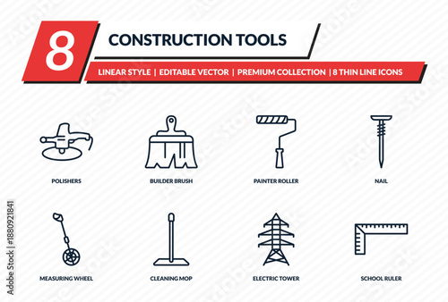construction tools icons set - polishers, builder brush, painter roller, nail, school ruler outline vector collection.