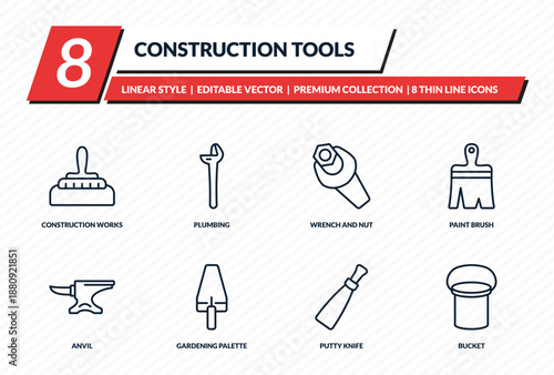 construction tools icons set - construction works, plumbing, wrench and nut, paint brush, bucket outline vector collection.