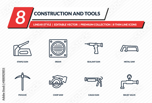 construction and tools icons set - staple gun, drain, sealant gun, metal saw, relief valve outline vector collection.