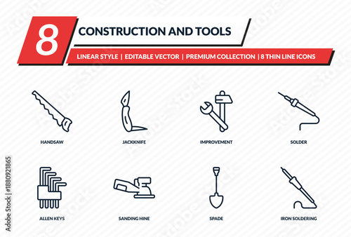 construction and tools icons set - handsaw, jackknife, improvement, solder, iron soldering outline vector collection.