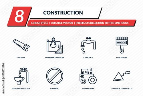 construction icons set - big saw, construction plan, stopcock, sand brush, construction palette outline vector collection.