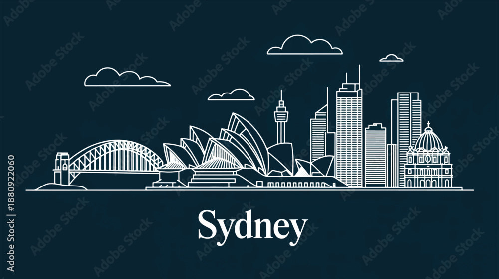 Fototapeta premium A minimalist line art illustration of Sydney, Australia's skyline against a dark teal background