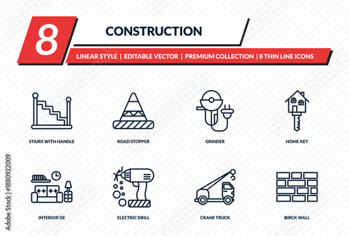 construction icons set - stairs with handle, road stopper, grinder, home key, birck wall outline vector collection.
