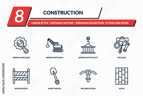 construction icons set - wrench and gear, derrick with ball, derrick with pallet, tool bag, paver outline vector collection.