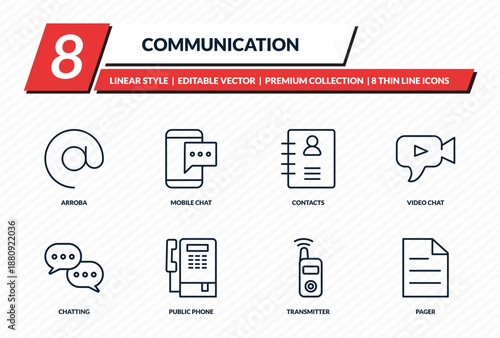 communication icons set - arroba, mobile chat, contacts, video chat, pager outline vector collection.
