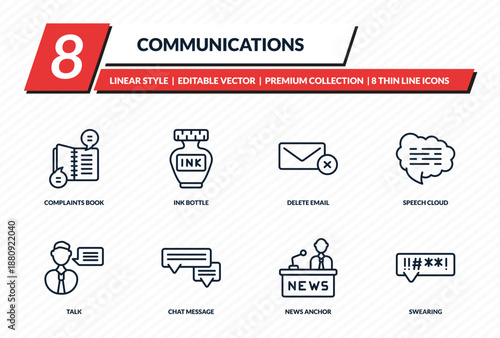 communications icons set - complaints book, ink bottle, delete email, speech cloud, swearing outline vector collection.