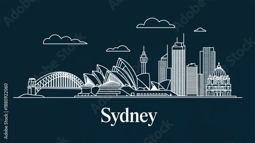 A minimalist line art illustration of Sydney, Australia's skyline against a dark teal background