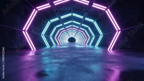 A mesmerizing journey through a vibrant futuristic neon light tunnel showcasing an abstract digital corridor with glowing blue and pink hexagonal shapes reflecting on a wet dark floor creating an inf.