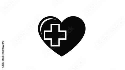 A black heart shape with a white medical cross a striking silhouette