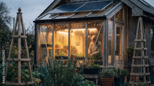 Sustainable wooden greenhouse with solar panels and a person gardening at dusk