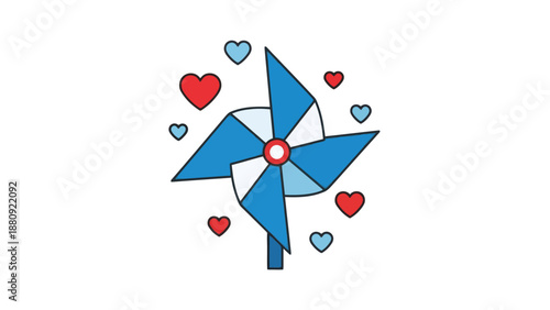 Pinwheel Vector Illustration, Flat Design, with hearts, for fun, joy, and childhood memories